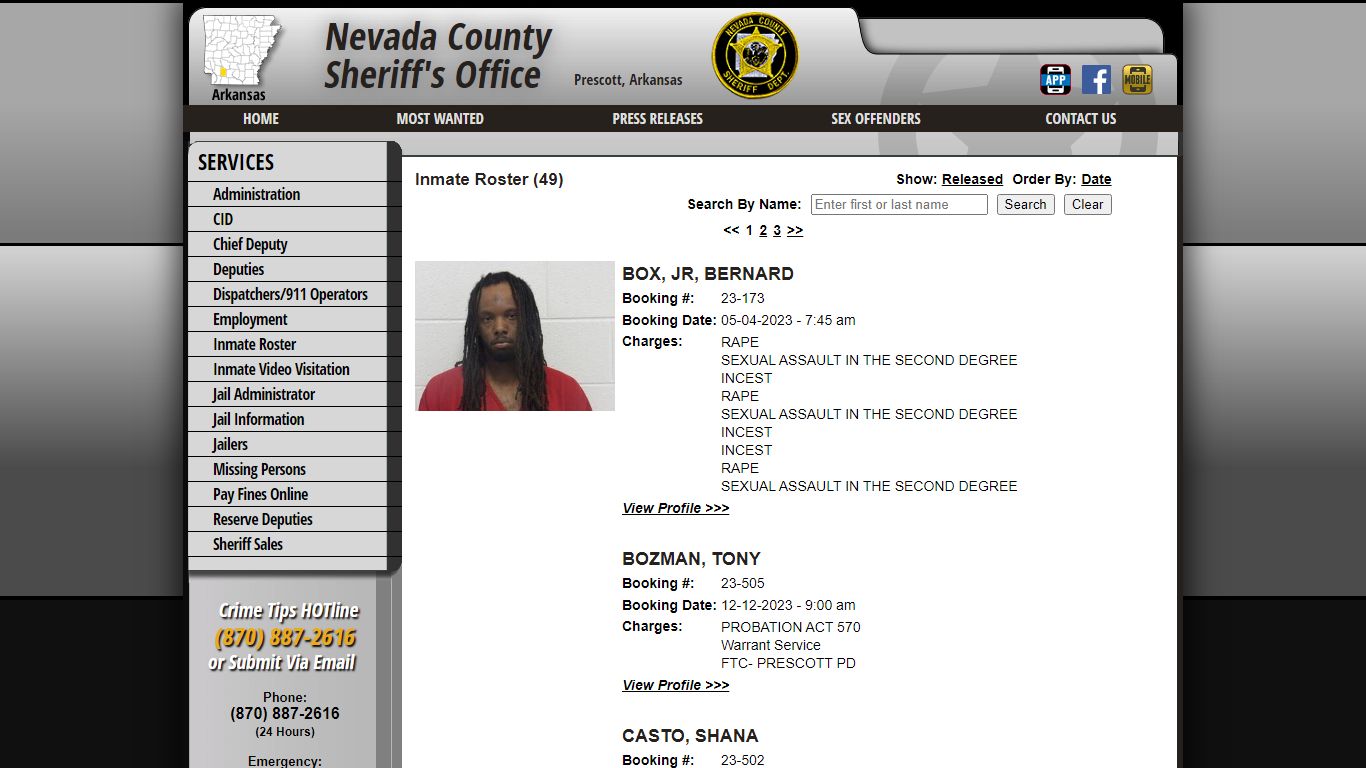 Inmate Roster - Current Inmates - Nevada County Sheriff AR