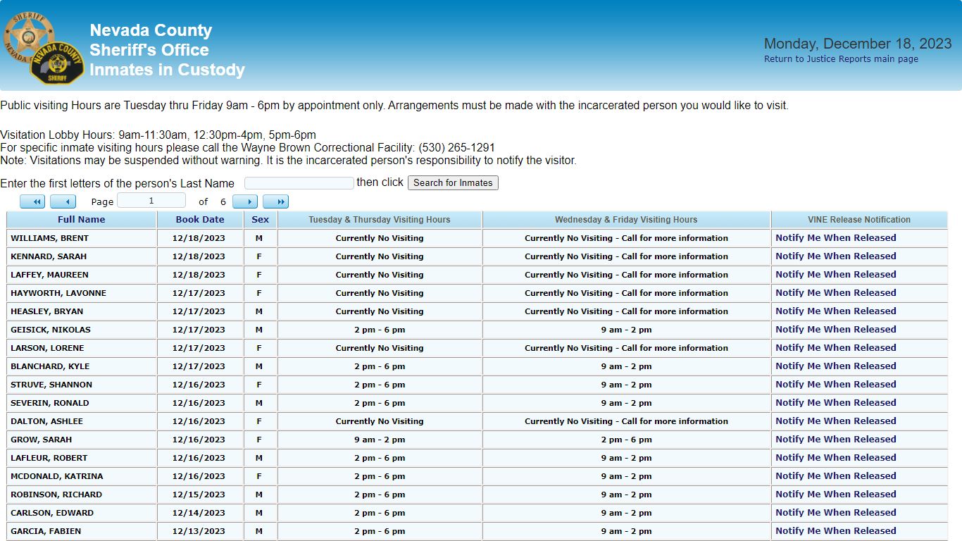 Inmates in Custody - County of Nevada Public Reporting